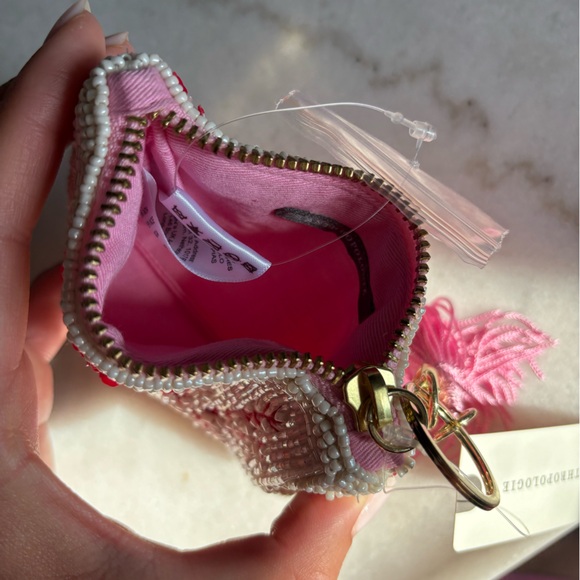 Anthropologie Fiona Beaded Bag Coin Card Charm Rose NWT Pink White - Picture 2 of 4